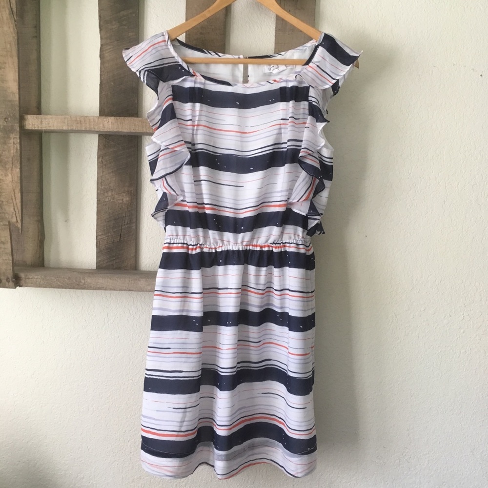 BCBG ruffle sleeve white striped dress